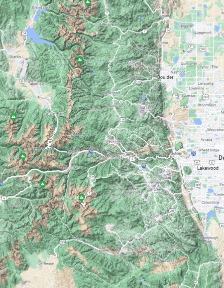Map area, detailing the Colorado Rockies Front Range near Denver